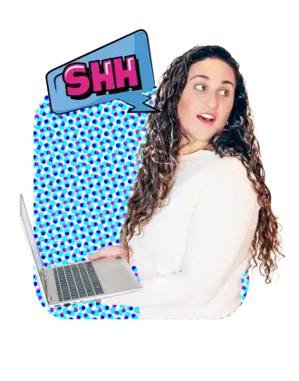 Telissia Gray with a laptop, glancing back with a playful "shh" speech bubble