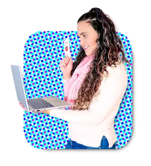 Telissia Gray smiling at her laptop, wearing a pink scarf, inside a decorative blue polka-dot rounded-square graphic