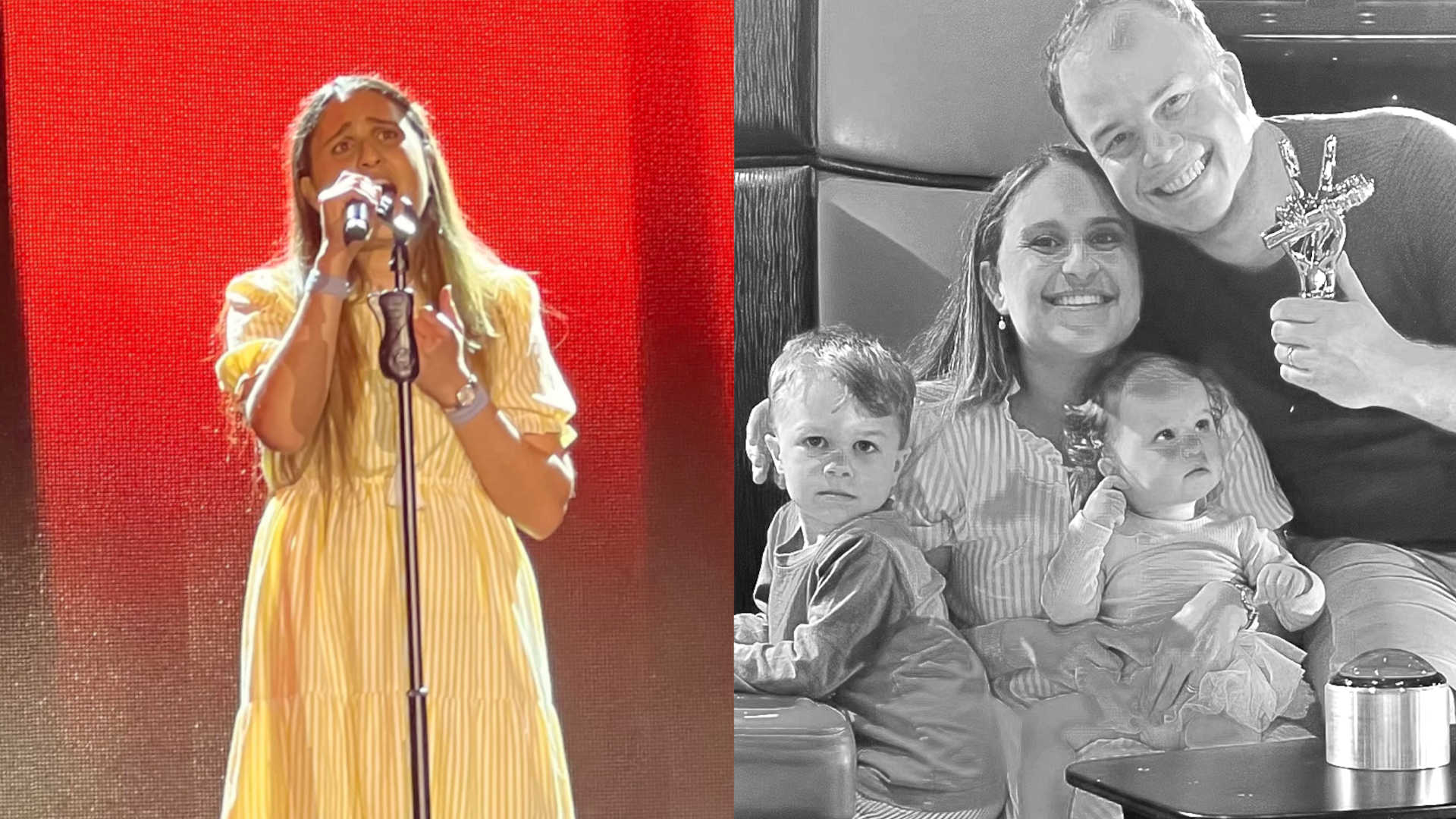 Telissia singing on stage in a yellow dress, and celebrating with her family after winning "Voice of the Ocean"